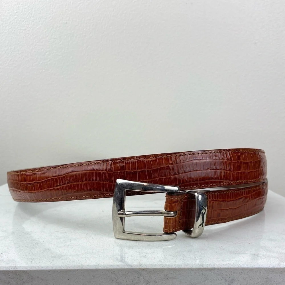 PGA TOUR TOP GRAIN MEN’S REPTILE EMBOSSED LEATHER BELT BROWN AND SILVER